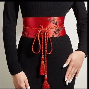 New! Embroidered Floral Wide Obi Wrap Belt With Tassle and Florals Black or Red